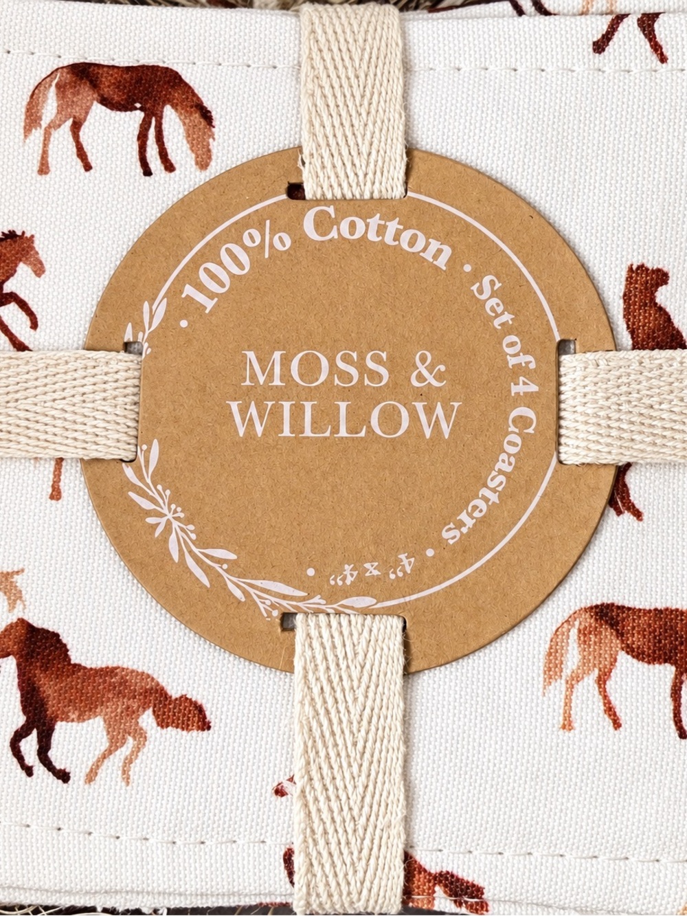 Moss & Willow Brown Horse Print Cotton Coasters - Set of 4